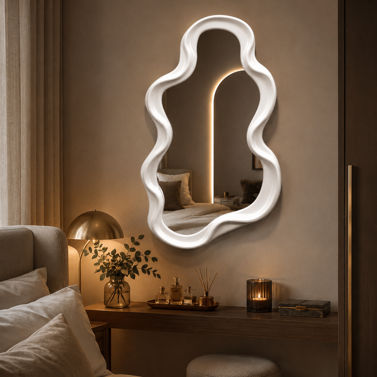 Decorative white wavy wall mirror in a warm bedroom vanity setting