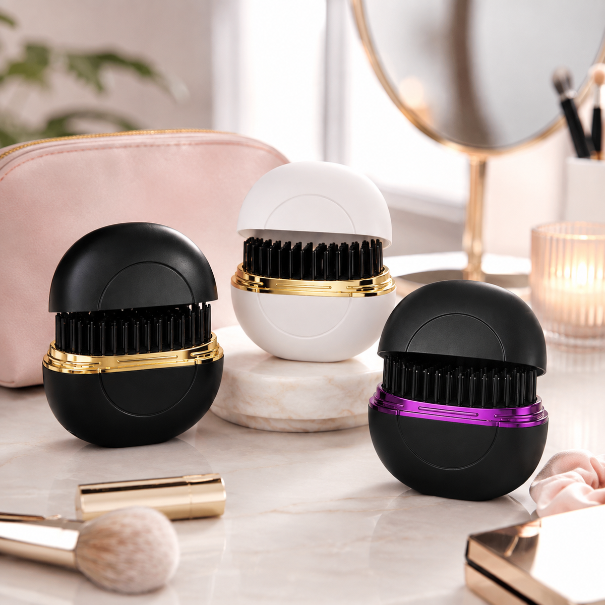 Compact mini hair straightening tools arranged on a beauty vanity