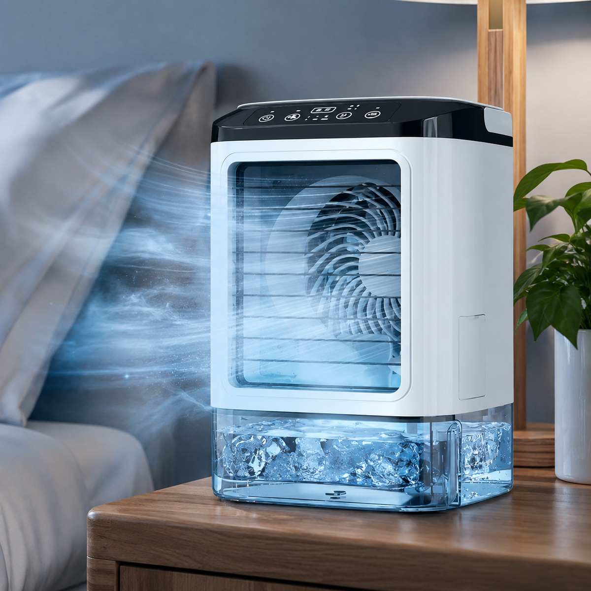 ArcticMist portable air cooler with cool mist in a bedroom setting