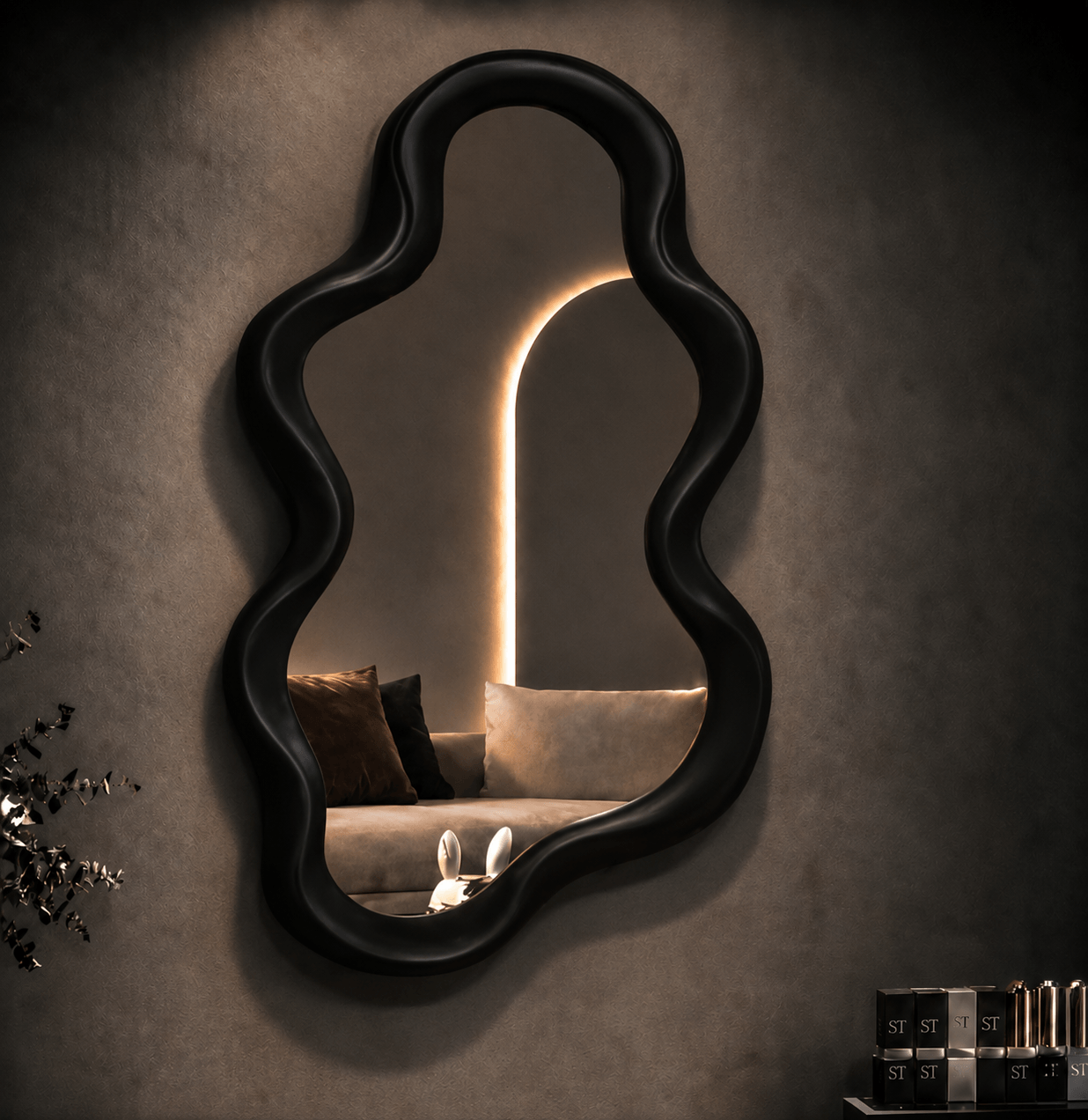 Decorative wavy wall mirror in black color against a stylish wall with soft lighting, enhancing modern decor.