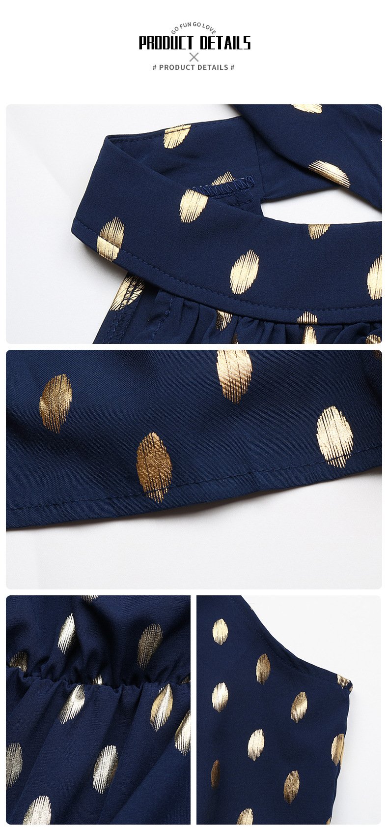 Close-up of the Golden Hour dark navy halter mini dress showing metallic gold dot print, gathered halter bodice and waist detail.