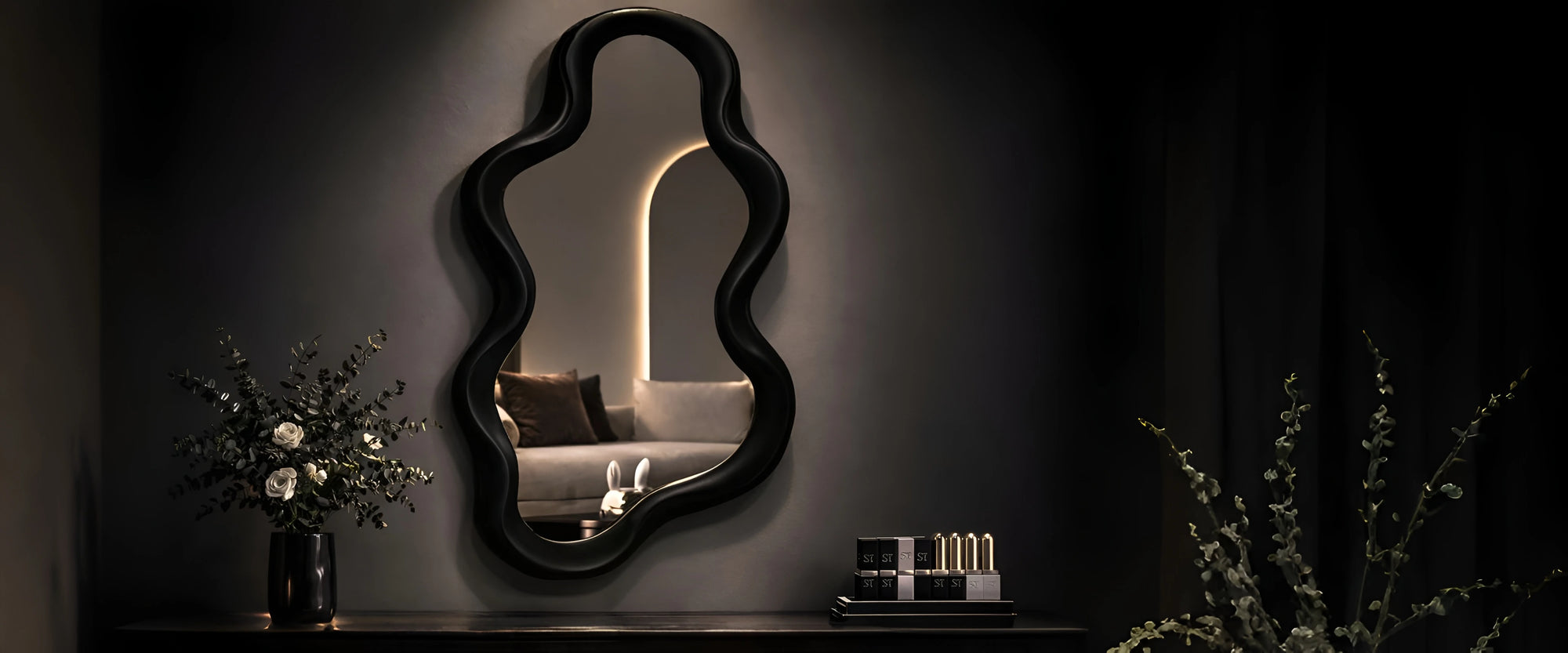 Celestial Glow decorative wavy wall mirror featured in a modern interior